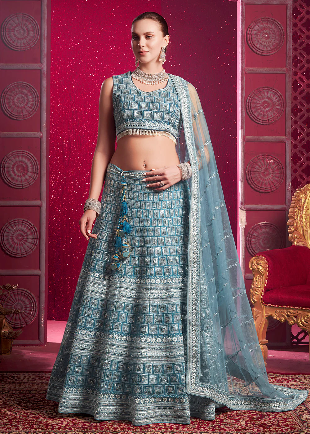 Elegant Blue Bridal Bridesmaid Lehenga Choli Set with Zari & Sequins Detailing