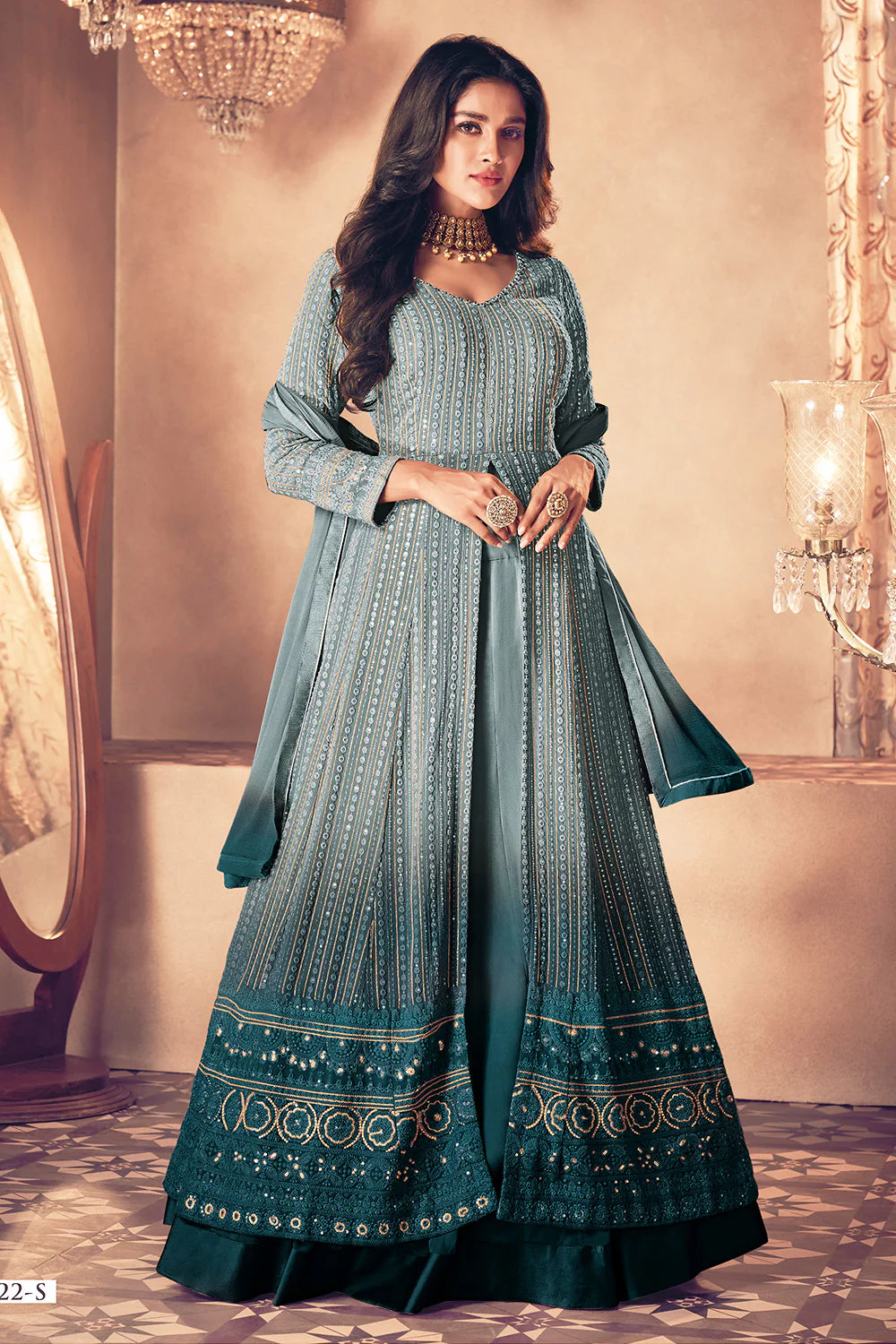 Ombre Blueish Grey Regal Embroidered Front Slit Long Choli Lehenga Set