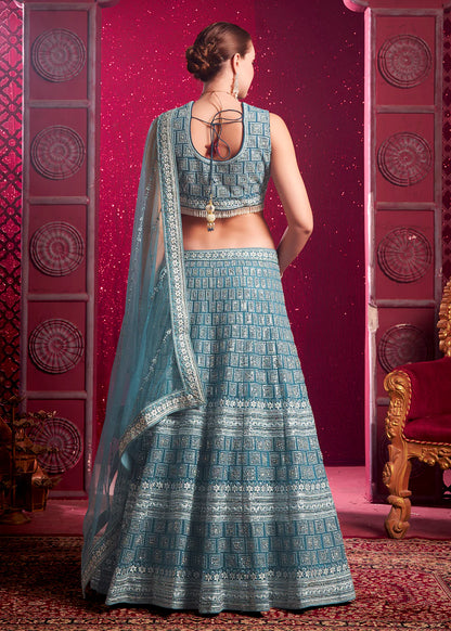 Elegant Blue Bridal Bridesmaid Lehenga Choli Set with Zari & Sequins Detailing