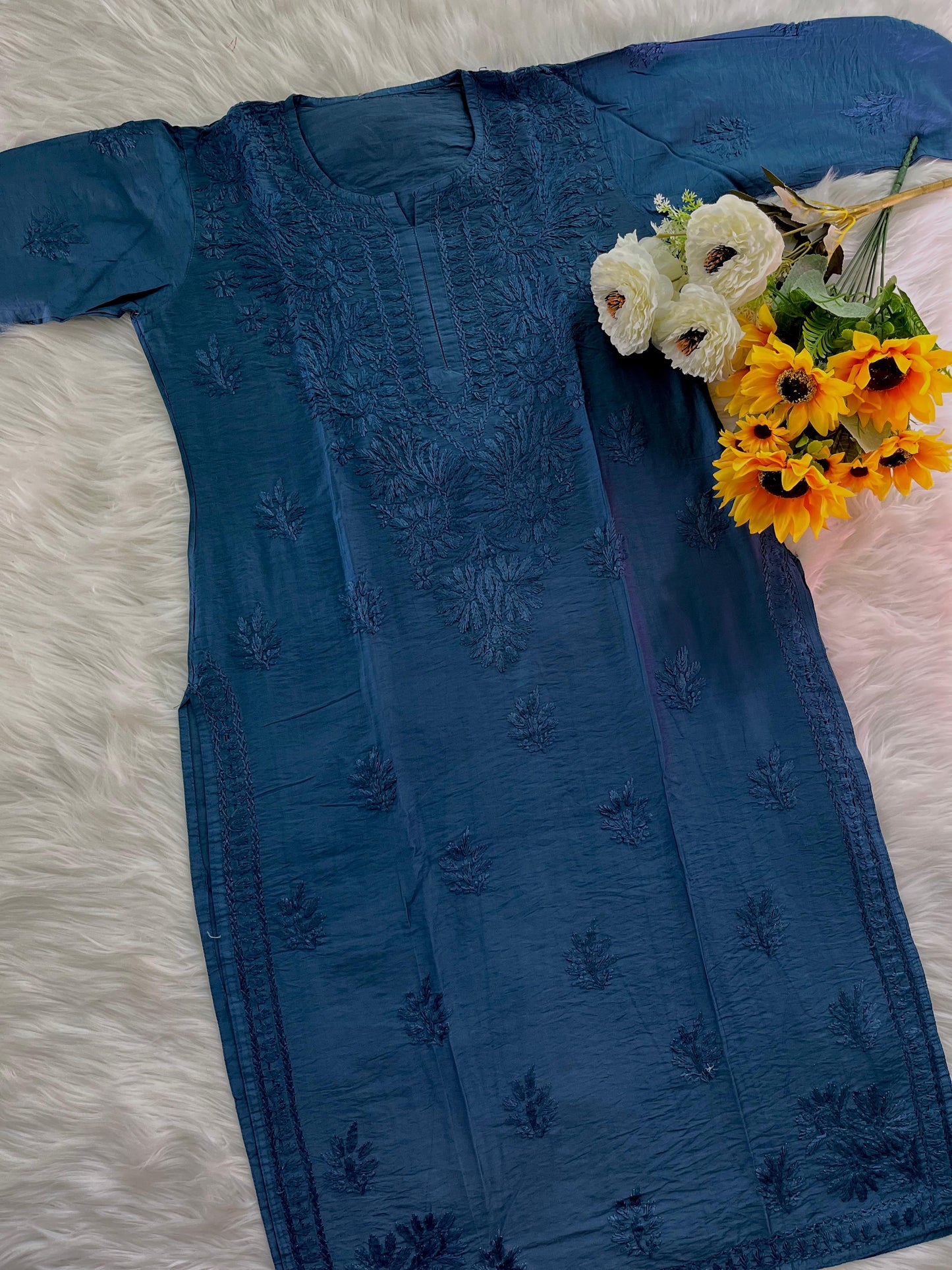 Blue Handcrafted Tone-on-Tone Lucknowi Chikankari Chanderi Silk Set