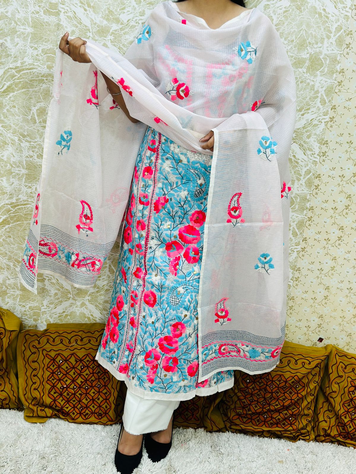 Blue Pink Kota Doria Phulkari Work Cotton Suit with Tafeta Pants and Kota Doria Dupatta