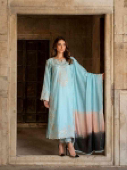 Aqua Blue Satin Rayon Embroidered Long Kaftan Set with Shaded Dupatta