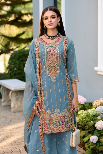 Blue Festive Wear Simar Organza Embroidered Readymade Salwar Kameez Set