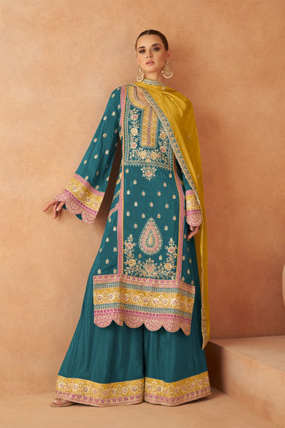 Teal Blue Premium Designer Pakistani Salwar Kameez Palazzo with Dupatta