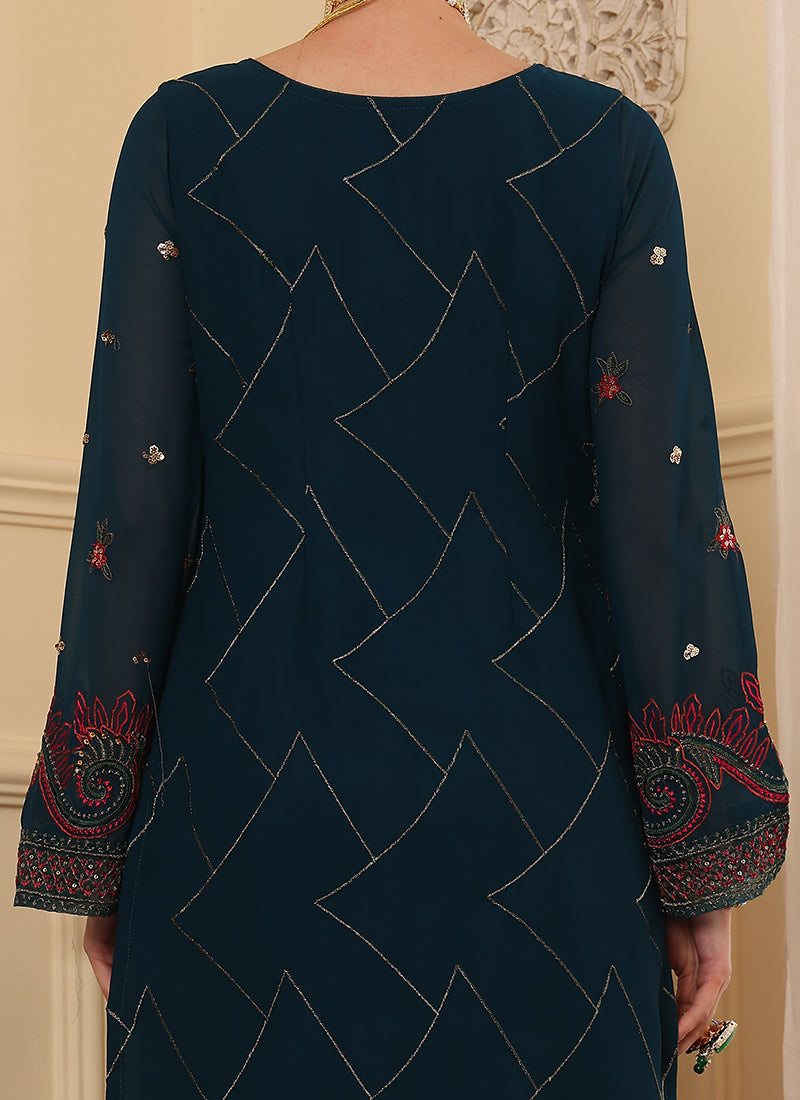 Peacock Blue Pakistani Salwar Suit with Sequins & Zari Work