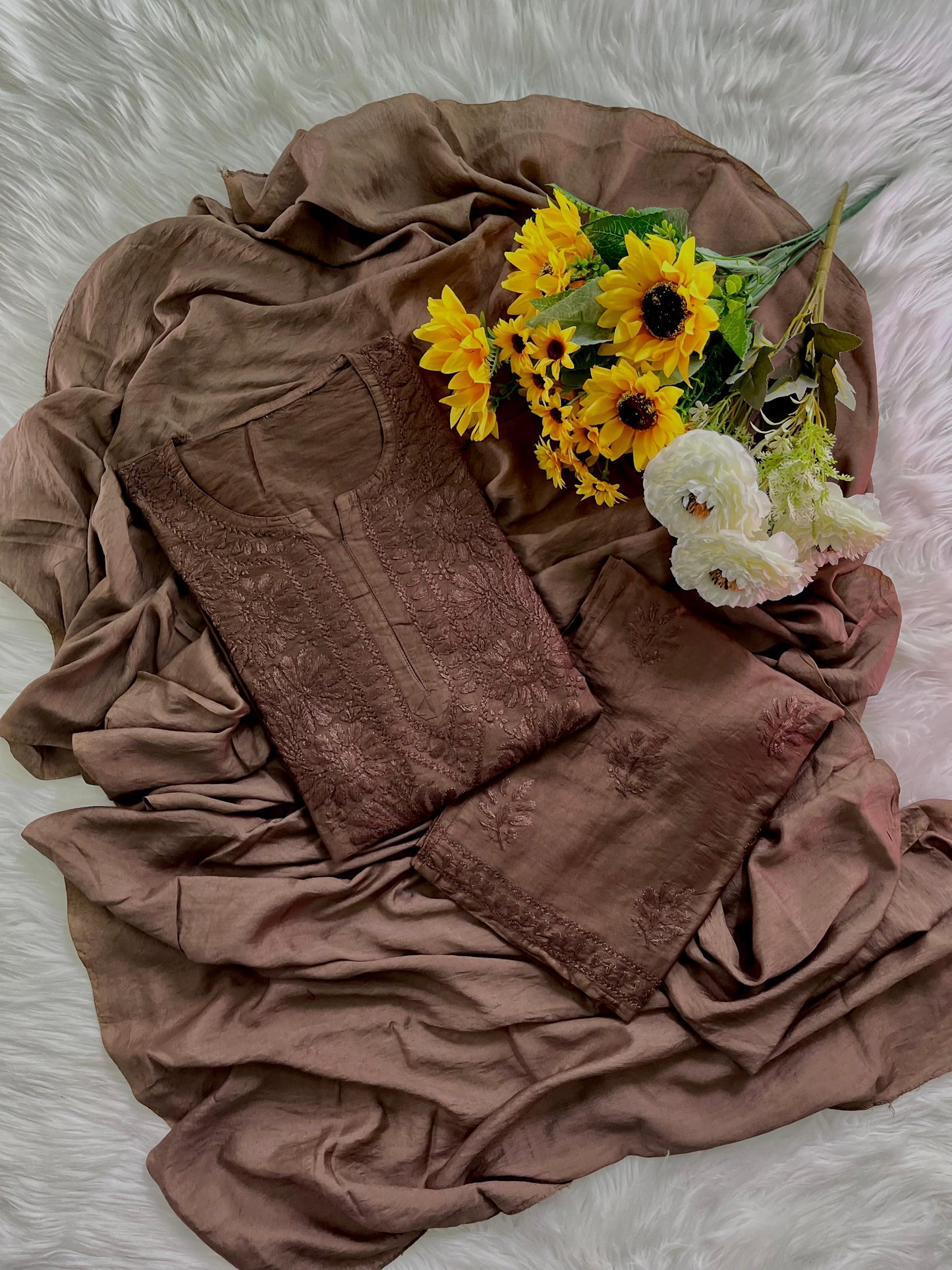 Brown Handcrafted Tone-on-Tone Lucknowi Chikankari Chanderi Silk Set