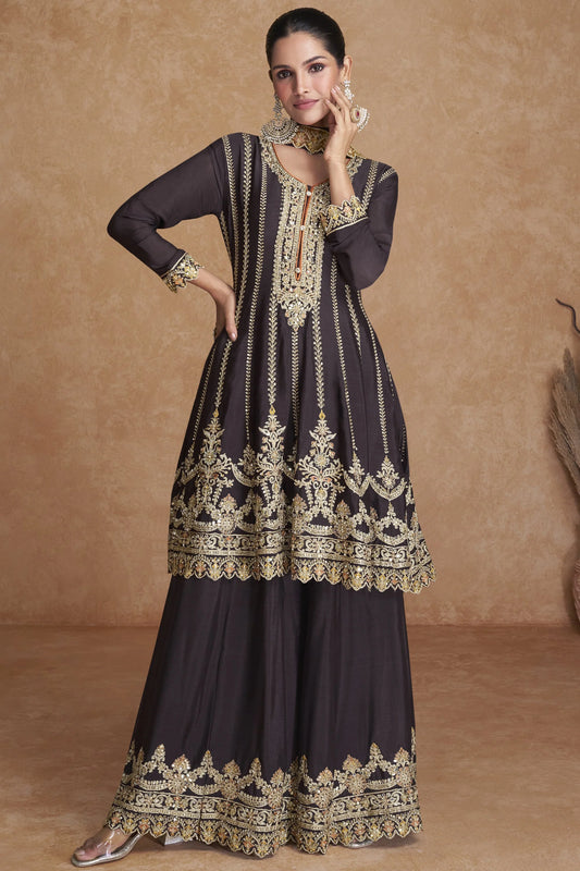 Brown Premium Chinon Silk Indo-Western Palazzo Set