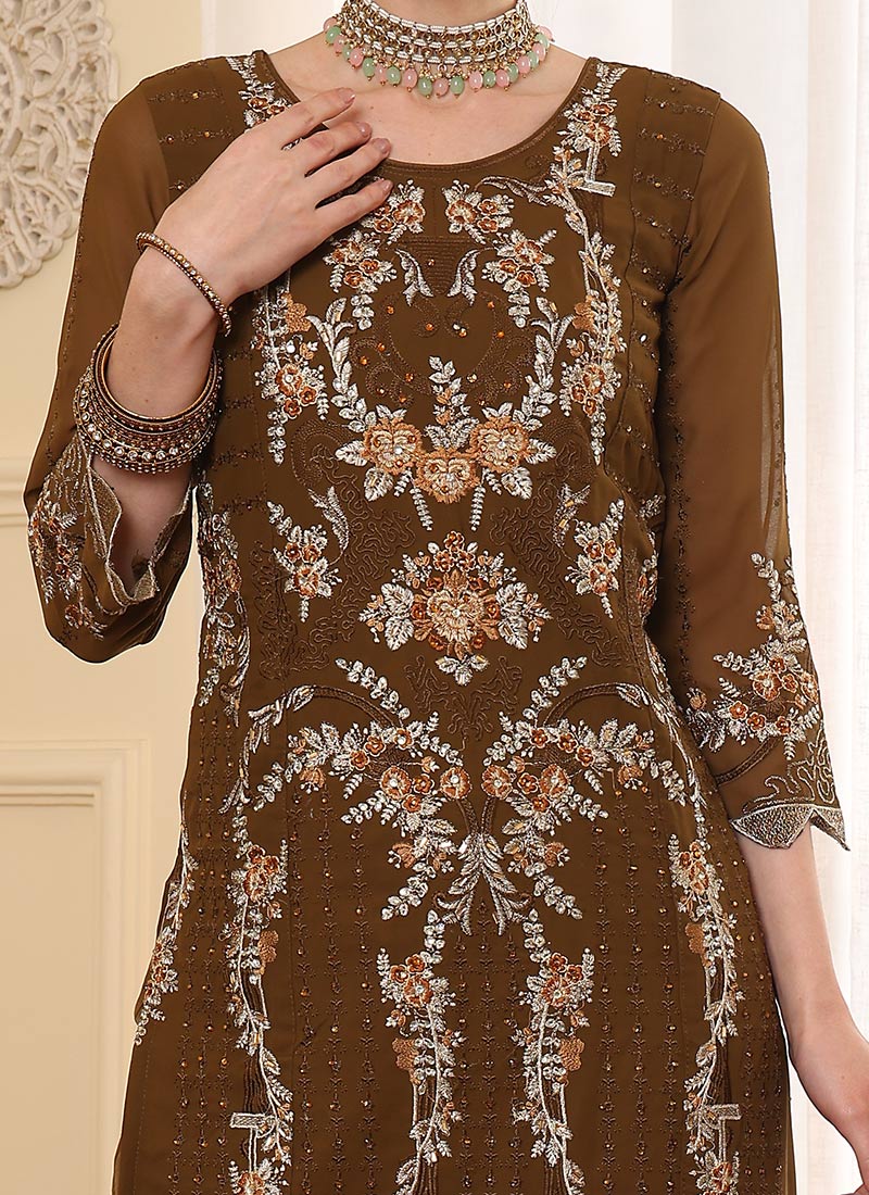 Brown Pakistani Salwar Suit with Embroidery & Stone Work