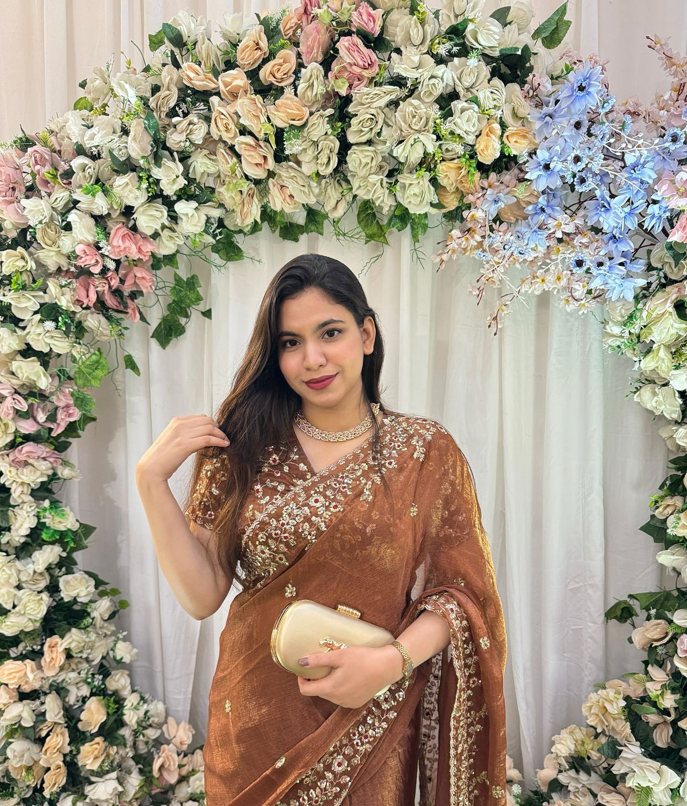 Brown Party Wear Chiffon Sequin Embroidered Saree (New)