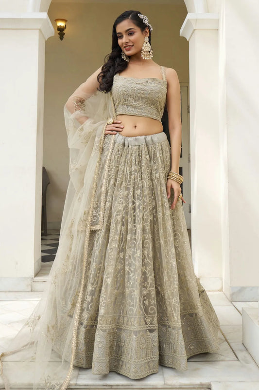 Ivory A-Line Net Bridesmaid Lehenga Choli with Resham and Sequins Work