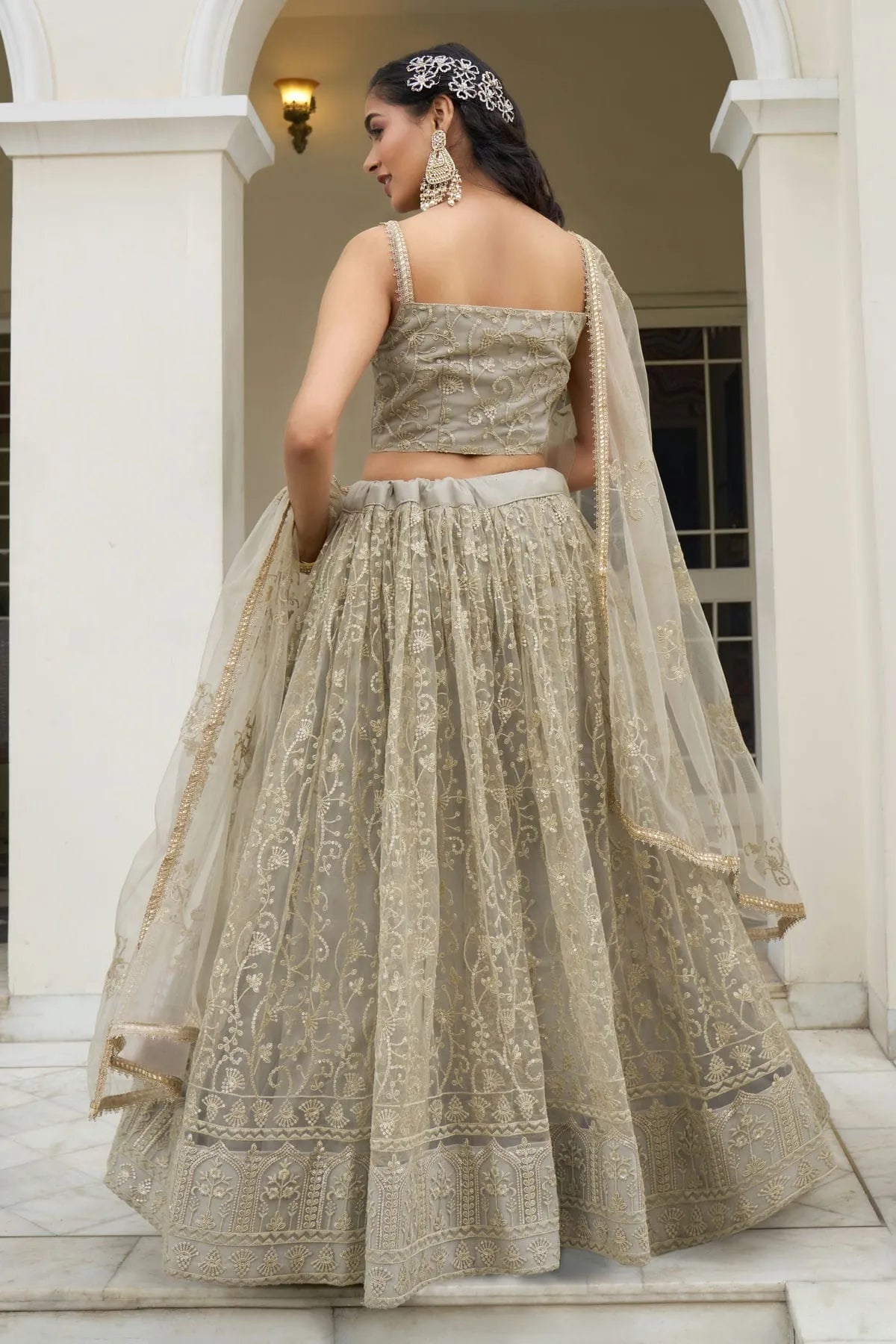 Ivory A-Line Net Bridesmaid Lehenga Choli with Resham and Sequins Work