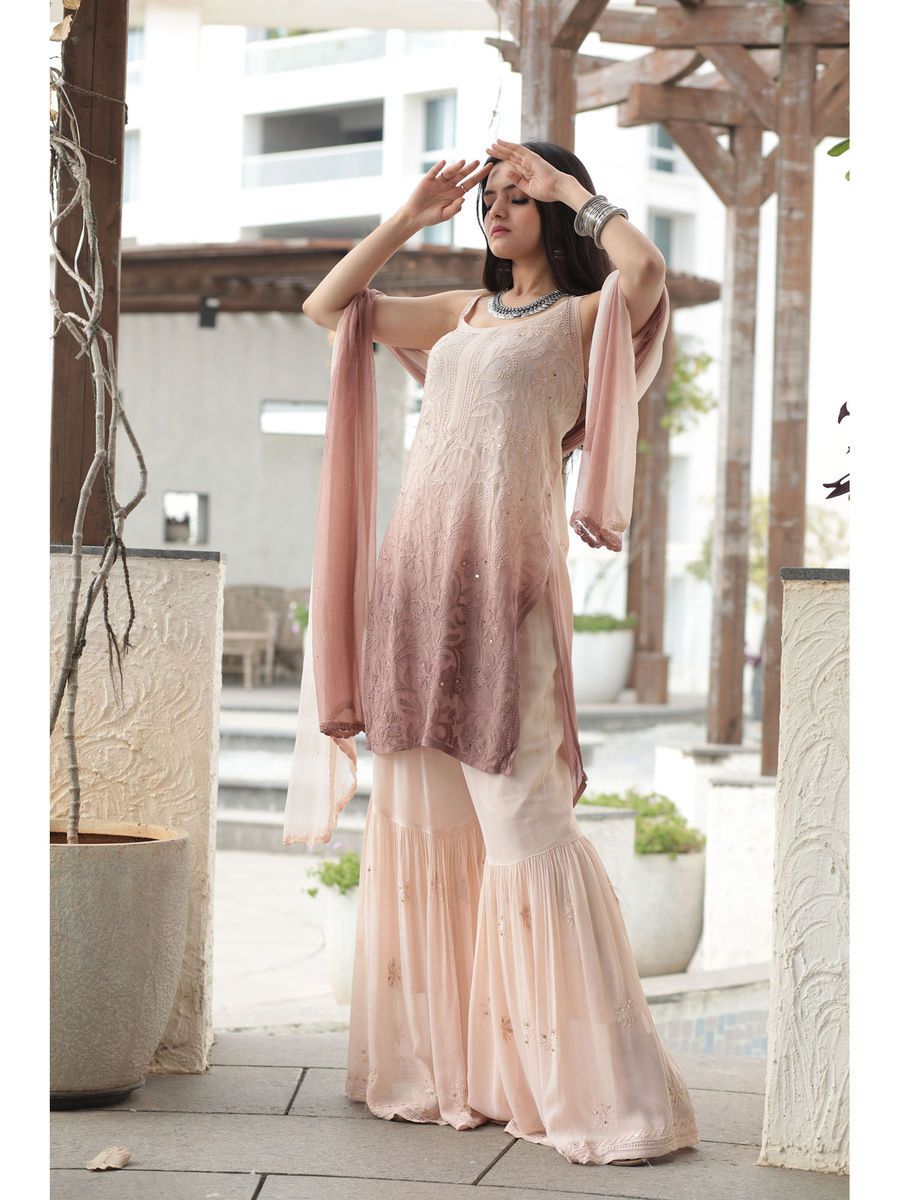 Pastel Peach Brown Handcrafted Lucknow Chikankari Strappy Gharara Set (New)
