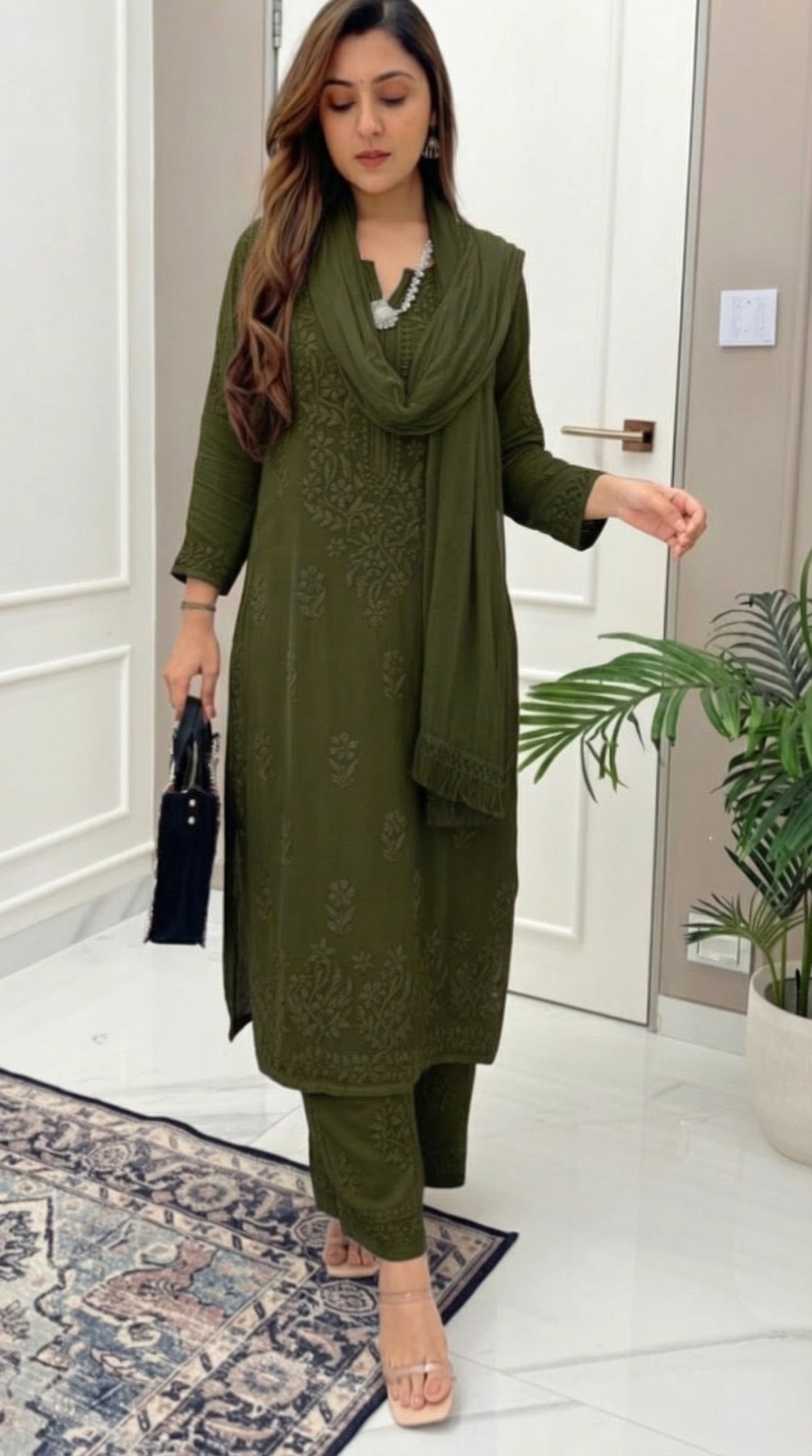Earthy Olive Green Ethereal Dyeable Modal Chikankari Kurta Set (New)