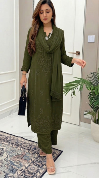 Earthy Olive Green Ethereal Dyeable Modal Chikankari Kurta Set (New)
