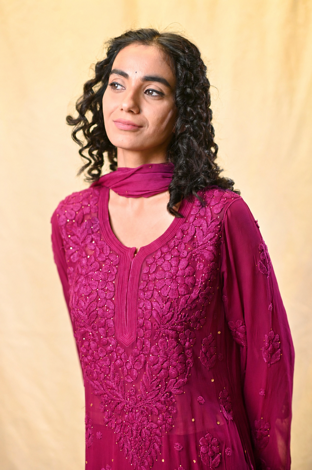 Party Wear Deep Pink Viscose Chikankari Kurti Set with 3D Handwork Inner included