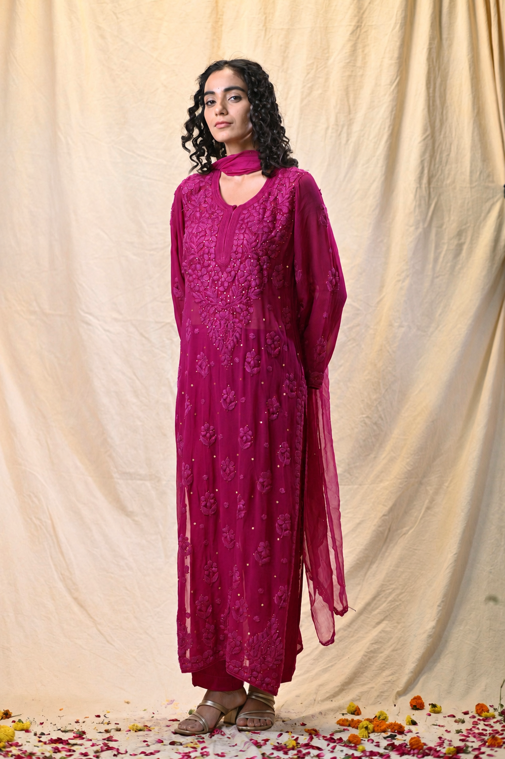 Party Wear Deep Pink Viscose Chikankari Kurti Set with 3D Handwork Inner included