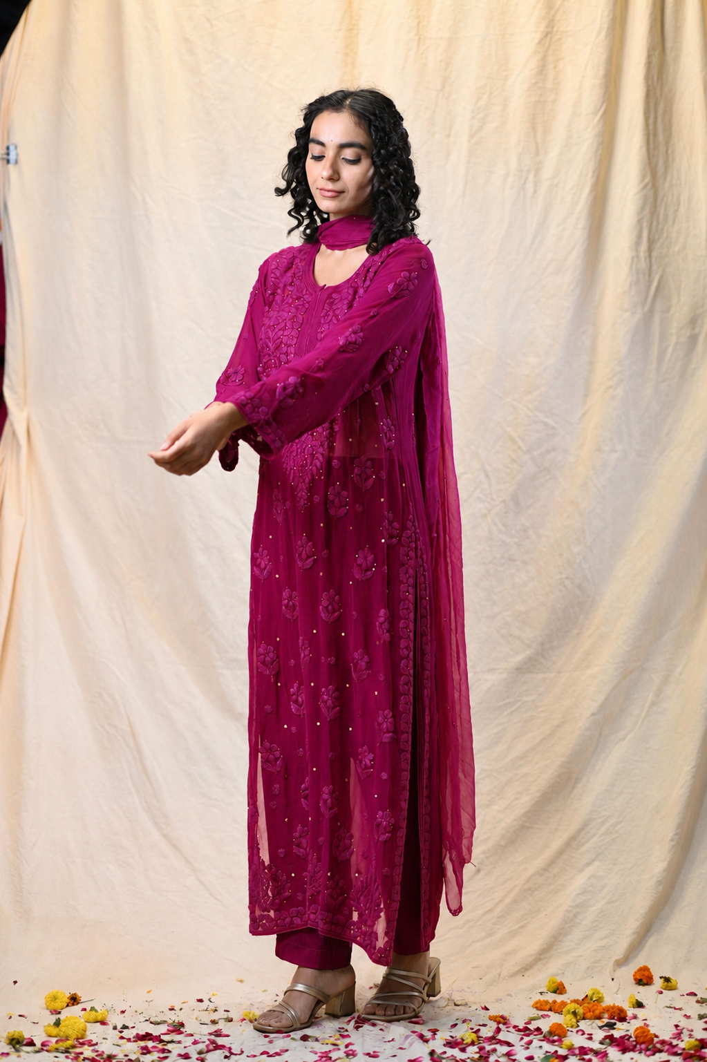 Party Wear Deep Pink Viscose Chikankari Kurti Set with 3D Handwork Inner included