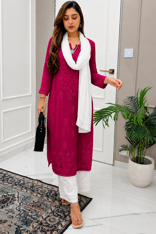 Deep Pink and White Ethereal Dyeable Chikankari Kurta Set (New)