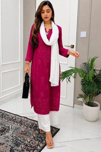 Deep Pink and White Ethereal Dyeable Chikankari Kurta Set (New)