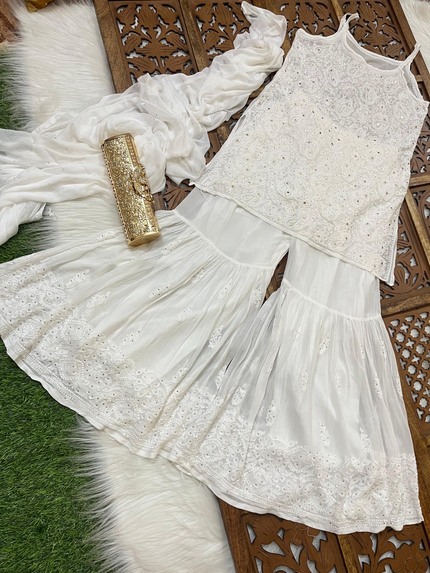 White Handcrafted Lucknow Chikankari Strappy Gharara Set (New)
