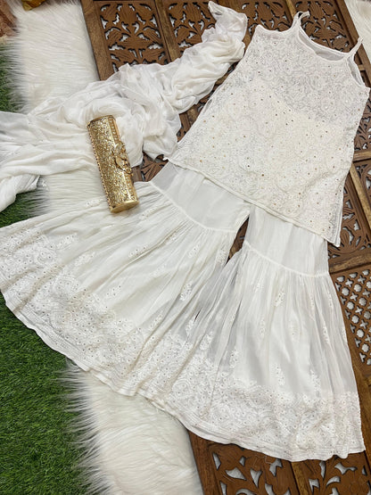 White Handcrafted Lucknow Chikankari Strappy Gharara Set (New)