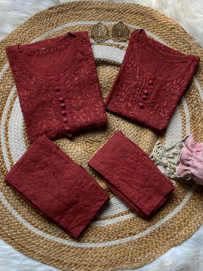 Brick Red Mother-Daughter Chikankari Set Dobby Cotton Kurti & Lycra Stretchable Pant Co-ord Set