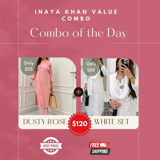 Value Combo White Chikankari  3 pc Set and Dusty Rose Cotton Kurti Pant Set