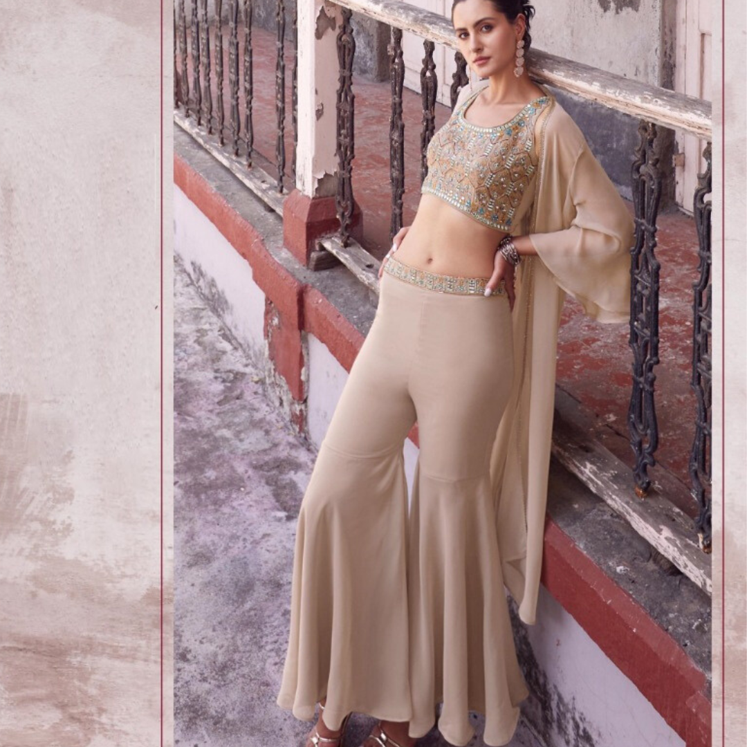 Beige Designer Indo-Western Blouse and Sharara with Jacket in Crepe Georgette