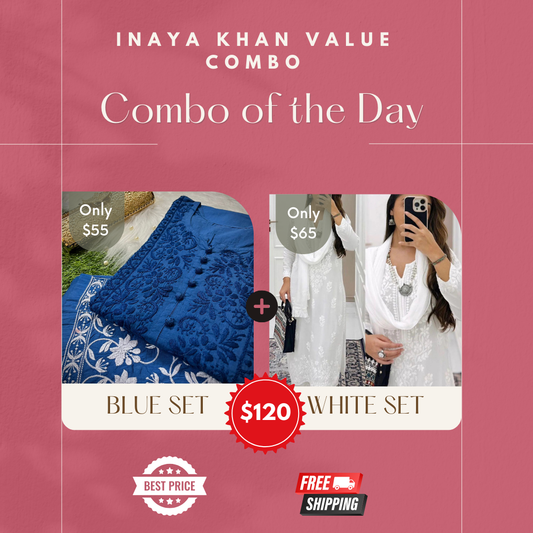 Special Combo White Chikankari 3 Pc set and Blue Cotton Coord Set