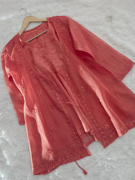 Coral Rose Mul Kota Doria Chikankari Shrug with Mulmul Inner