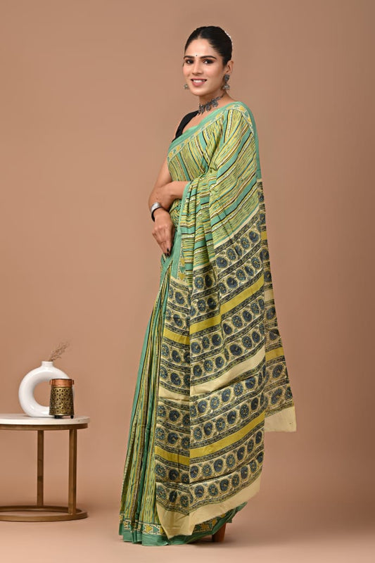 Green Best Seller Ajrakh Cotton Mul Handblock Print Saree with Ready-to-Wear Blouse Set