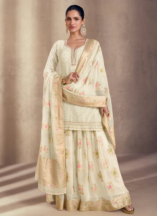 Exquisite Cream Hand Embroidered Georgette Sharara Suit with Zari Dupatta