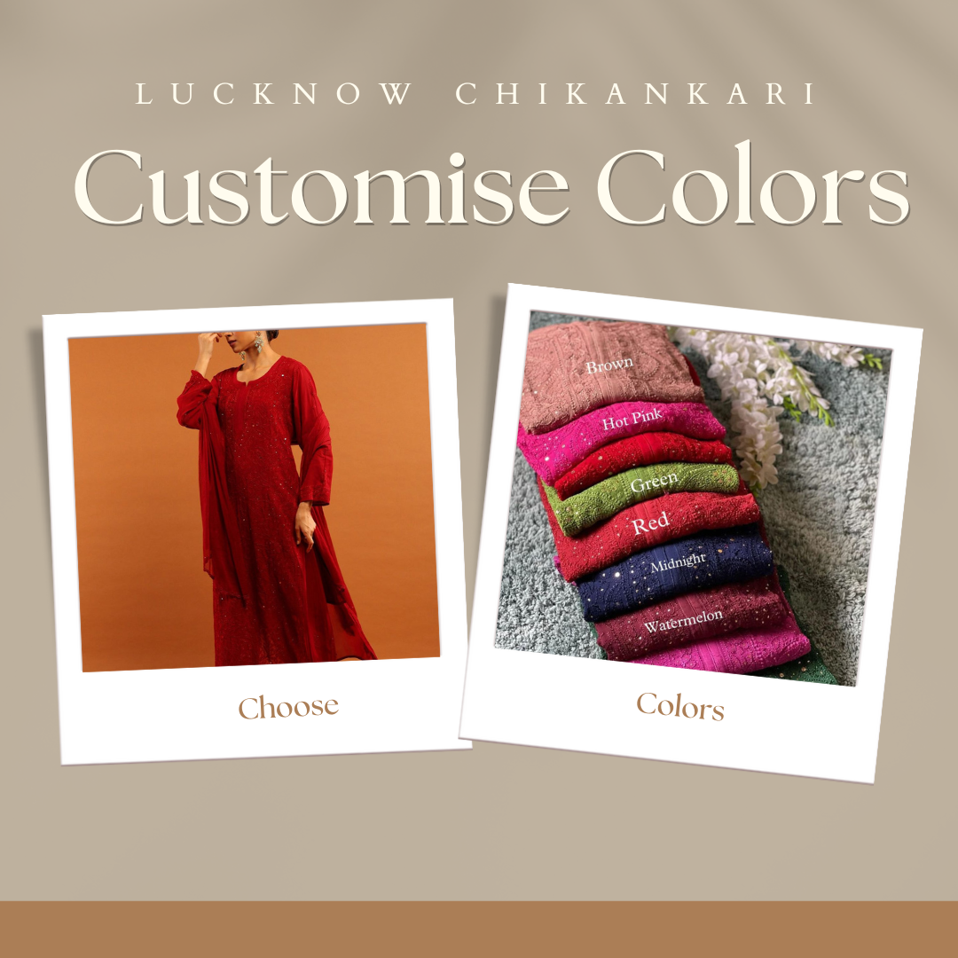 Custom Colors Lucknowi Chikankari Viscose Mukesh Jaal Work 3 PC Kurti Set