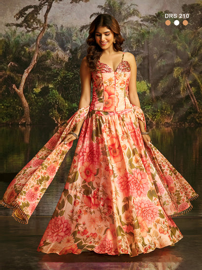 Peach Floral Handwork Designer Corset-Lehenga Set (Latest)