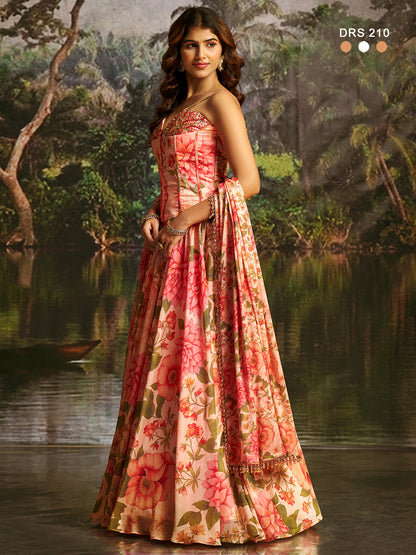 Peach Floral Handwork Designer Corset-Lehenga Set (Latest)