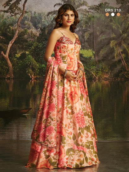 Peach Floral Handwork Designer Corset-Lehenga Set (Latest)
