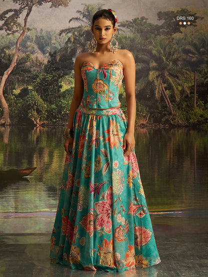Exquisite Mint Blue Georgette Lehenga Corset Dupatta Set
