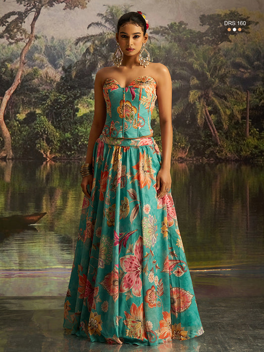 Exquisite Mint Blue Georgette Lehenga Corset Dupatta Set