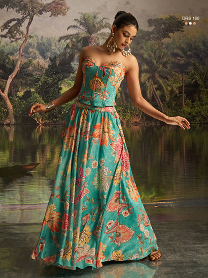 Exquisite Mint Blue Georgette Lehenga Corset Dupatta Set