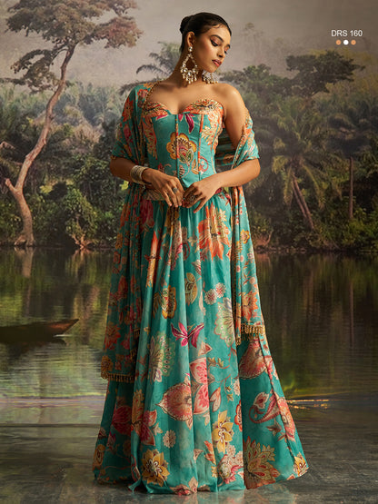 Exquisite Mint Blue Georgette Lehenga Corset Dupatta Set