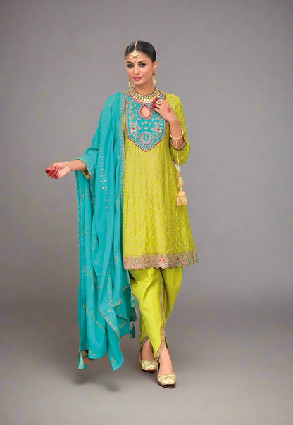 Green Premium Chinon Dhoti Style Salwar Kameez Dupatta Set with Embroidery