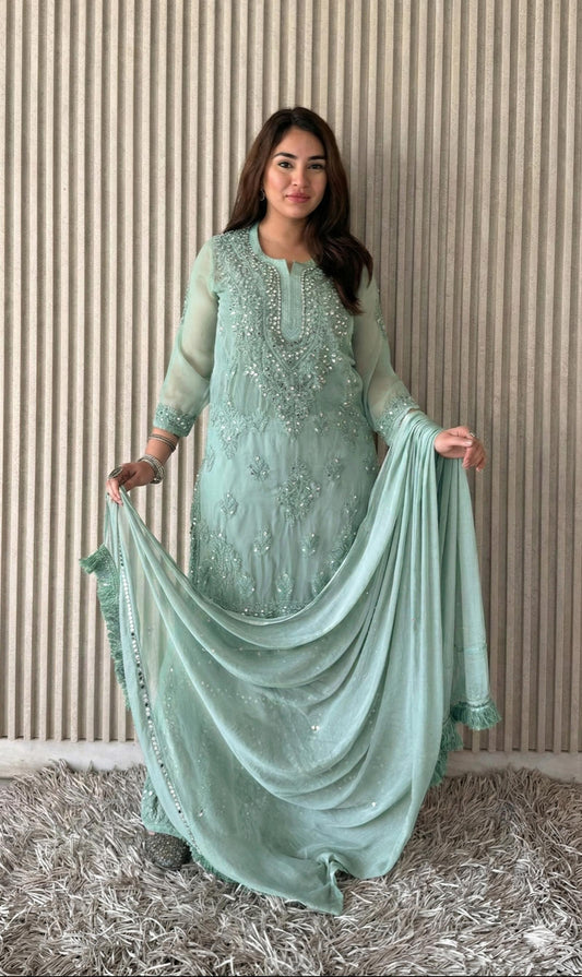 Dusty Green Elegant Chikankari Kurta Sharara Set with Dupatta