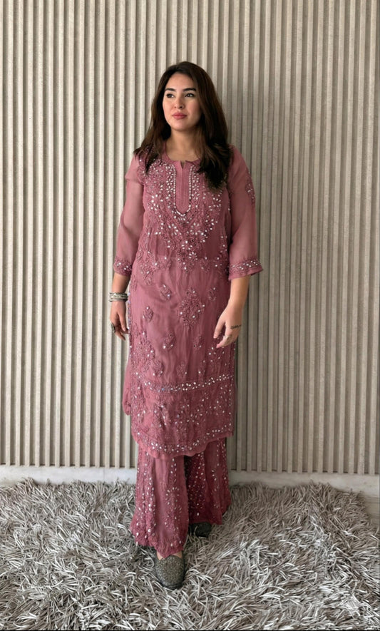 Dusty Rose Elegant Chikankari Kurta Sharara Set with Dupatta