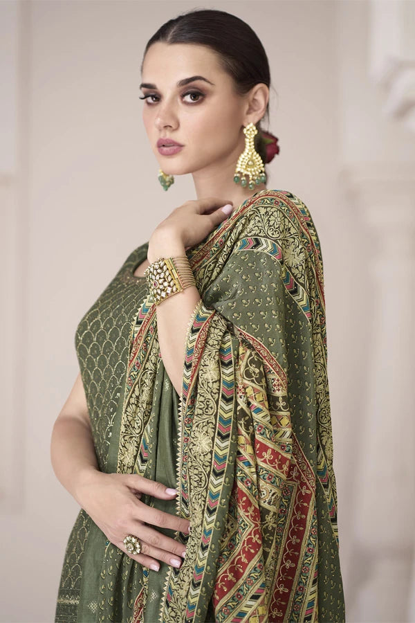 Green Silk Heavy Sequins & Swarovski Embroidered Peplum Suit with Sharara