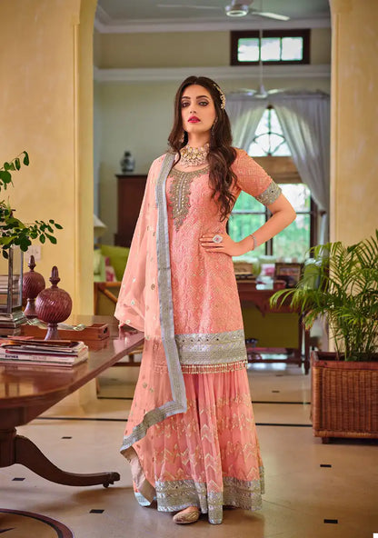 Peach Georgette Sharara Suit with Cerise Pink Dupatta