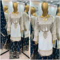 Luxe White & Dark Green Embroidered Faux Georgette 3-Piece Party Wear Kurti Set with Sharara and Dupatta – Ready to Wear