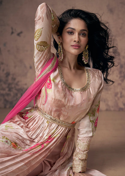 Pink Zari Embroidered Anarkali Gown with Digital Print & Net Dupatta