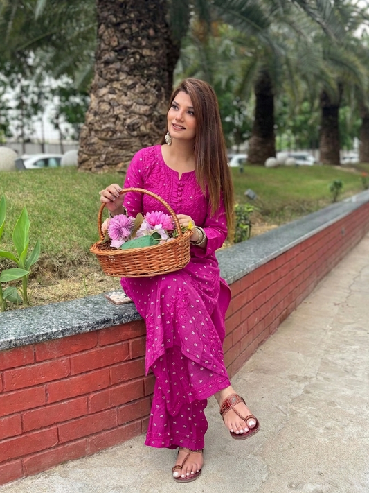 Pink Handcrafted Chikankari Chanderi Silk Co-ord Set