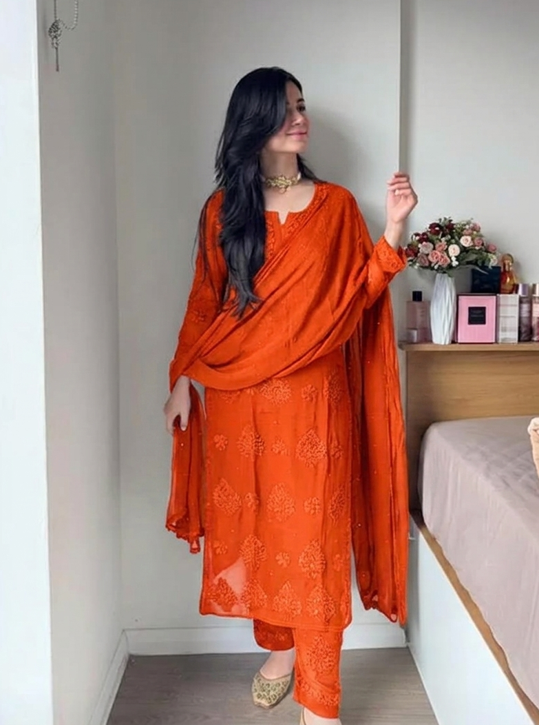 Party Wear Orange Viscose Chikankari Mukaish work Kurti Set with 3D Handwork Inner included