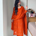 Party Wear Orange Viscose Chikankari Mukaish work Kurti Set with 3D Handwork Inner included